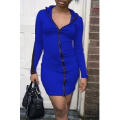 Lovely Casual Zipper Design Blue Mini Dress