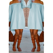 Lovely Casual Dew Shoulder Baby Blue Mini Dress
