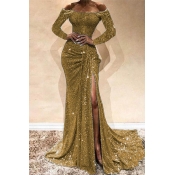 Lovely Party Side High Slit Gold Trailing Evening 