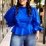 Lovely Trendy Flounce Patchwork Blue Plus Size Blo