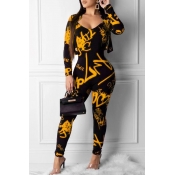 Lovely Casual Printed Skinny Yellow Two-piece Pant