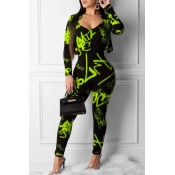 Lovely Casual Printed Skinny Green Two-piece Pants