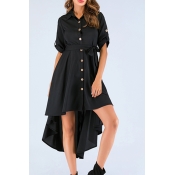 Lovely Trendy Buttons Black Knee Length Dress