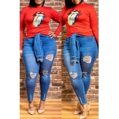 Lovely Trendy Broken Holes Blue Plus Size Jeans