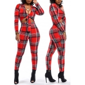Lovely Casual Plaid Printed Black And Red One-piec