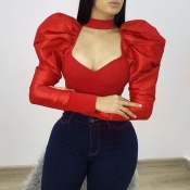 Lovely Casual V Neck Ruffle Design Red Blouse