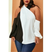 Lovely Casual Patchwork Black And White Plus Size 