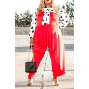 Lovely Trendy Dot Printed Red Plus Size One-piece 
