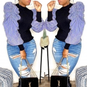 Lovely Casual Patchwork Striped Black Blouse