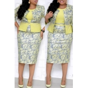 Lovely Casual Printed Yellow Plus Size Two-piece S