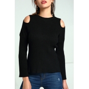 Lovely Casual Dew Shoulder Black Knitting Sweaters