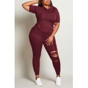 LW Plus Size Casual Hollow-out Wine Red Two-piece 