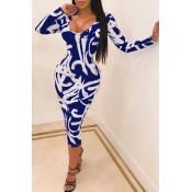 Lovely Leisure U Neck Printed Skinny Blue Mid Calf