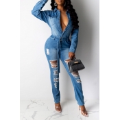 Lovely Casual Hollow-out Blue One-piece Jumpsuit