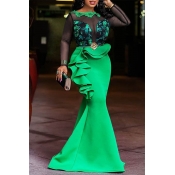 Lovely Party Patchwork Flounce Green Floor Length 