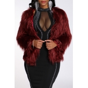 Lovely Casual Basic Faux Fur Wine Red Coat
