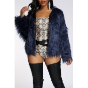 Lovely Casual Basic Faux Fur Navy Blue Coat