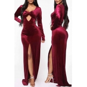 Lovely Party Side High Slit Wine Red Evening Dress
