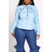 Lovely Chic Bow-Tie Blue Plus Size Shirt
