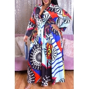 Lovely Casual Print Blue Plus Size Maxi Dress