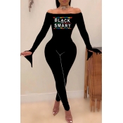 Lovely Chic Letter Skinny Black One-piece Jumpsuit