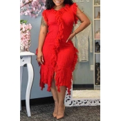 Lovely Trendy Tassel Design Red Mid Calf Dress