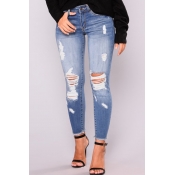 Lovely Casual Broken Holes Baby Blue Jeans