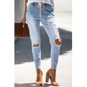 Lovely Casual Drawstring Sky Blue Jeans
