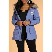 Lovely Casual Patchwork Blue Winter Coat
