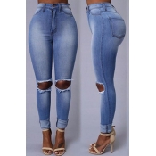 Lovely Casual Hollow-out Baby Blue Jeans