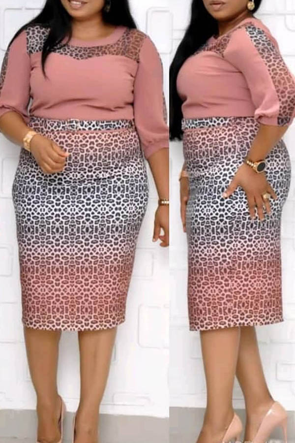 Lovely Casual Patchwork Pink Knee Length Plus Size Dress