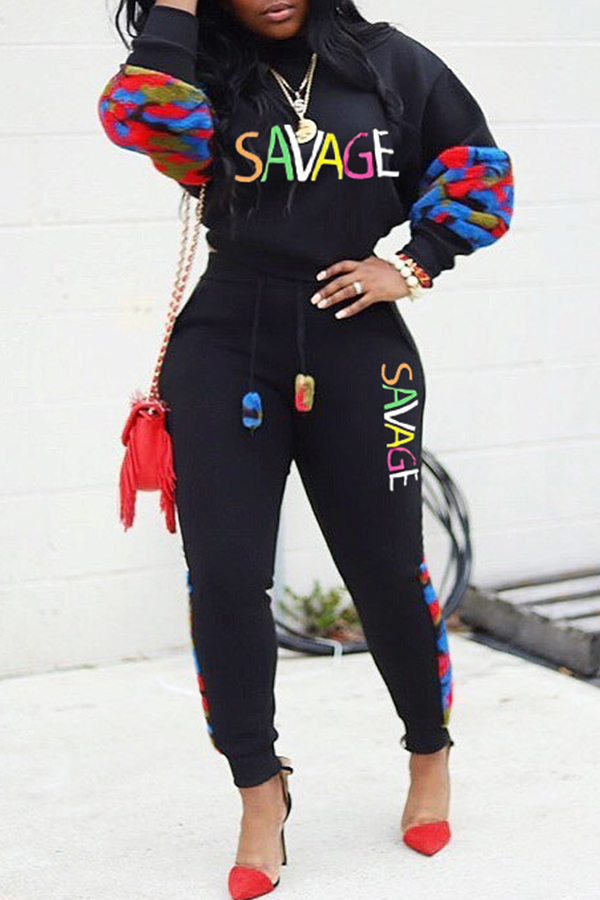 Lovely Leisure Print Black Two-piece Pants Set