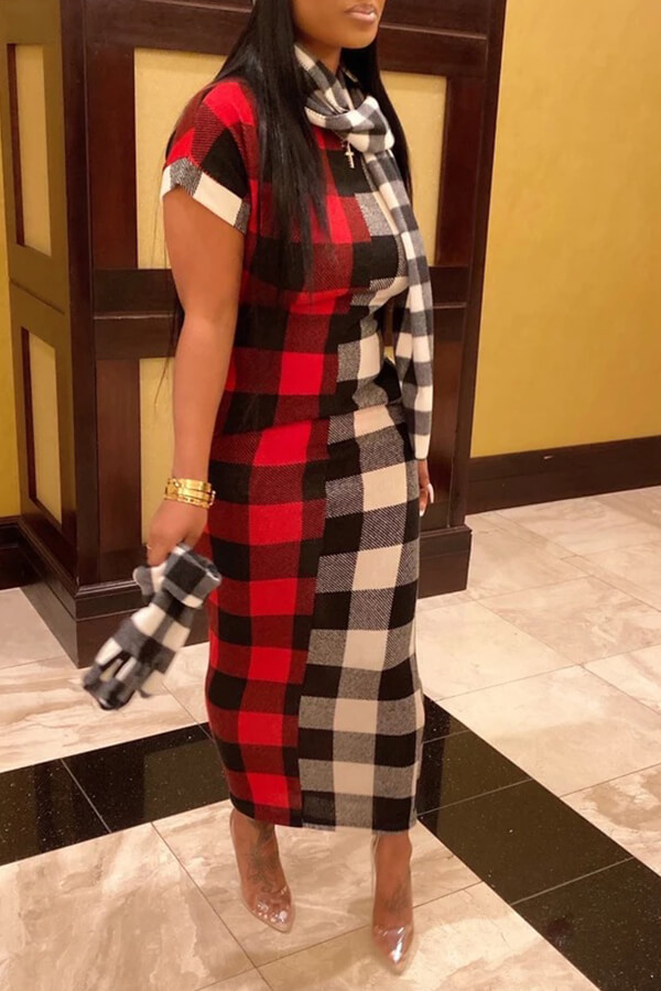 Lovely Chic O Neck Plaid Print Red Mid Calf Dress