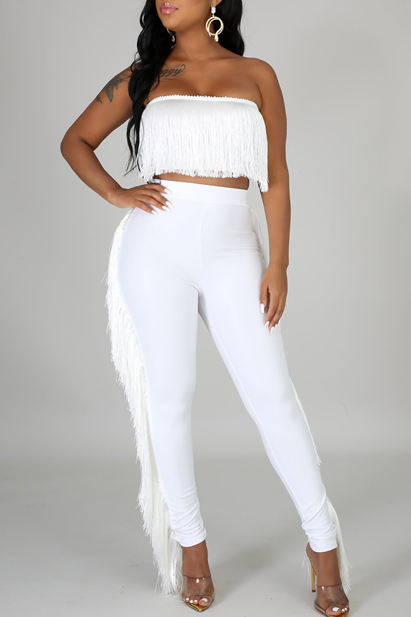 Lovely Sexy Tassel Design White Two-piece Pants Set