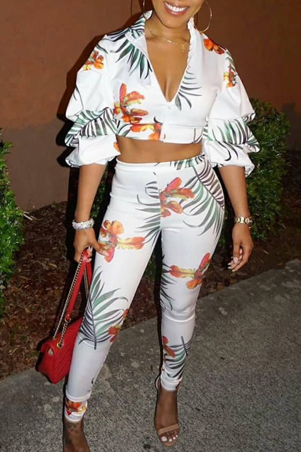 Lovely Bohemian Print Crop Top White Two-piece Pants Set
