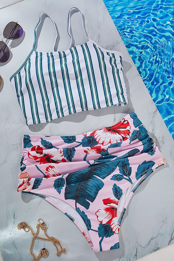 Lovely Striped Green Two-piece Swimsuit