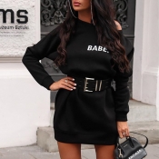 Lovely Casual Letter Black Mini Dress(Without Belt