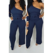 Lovely Work One Shoulder Blue One-piece Jumpsuit
