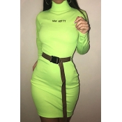 Lovely Casual Turtleneck Letter Green Mini Dress(W
