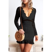 Lovely Sweet V Neck Flounce Black Mini Dress