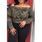 Lovely Casual Print Camo Army Green Plus Size Blou
