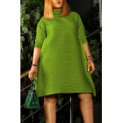 Lovely Casual O Neck Loose Green Knee Length Dress