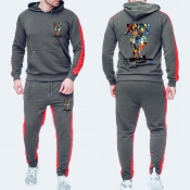 Lovely Casual Hooded Collar Print Grey Two-piece P