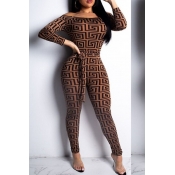 Lovely Trendy Print Skinny Brown One-piece Jumpsui