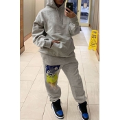 Lovely Casual Hooded Collar Print Grey Two-piece P