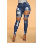 Lovely Trendy Hollow-out Deep Blue Jeans