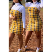 Lovely Casual Turtleneck Plaid Yellow Two-piece Sk
