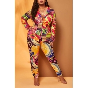 Lovely Casual Print Yellow Plus Size Two-piece Pan
