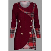 Lovely Casual Patchwork Plaid Wine Red Plus Size S