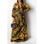 Lovely Party Print Loose Gold Maxi Dress